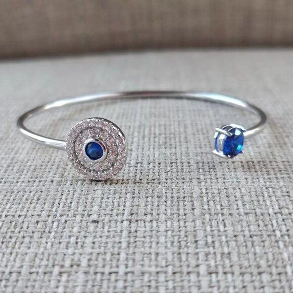 925 Sterling Silver Bracelet Blue Faux Stone Crystal Accent Cuff Wrist Band New - Picture 10 of 12